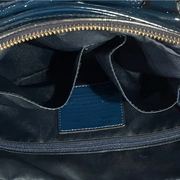 Coach; Navy Blue Patent Leather; Medium; Push Lock; Poppy Satchel; Minor Wear - Picture 10 of 16